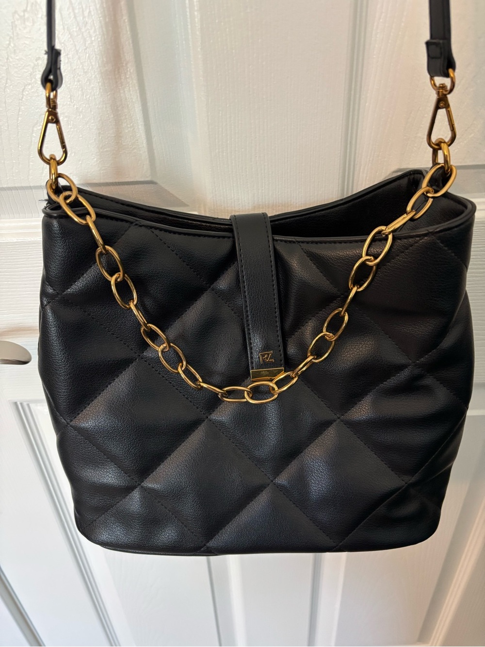 Rachel Zoe Quilted Black Faux Leather Shoulder Bag Gold Chain Strap